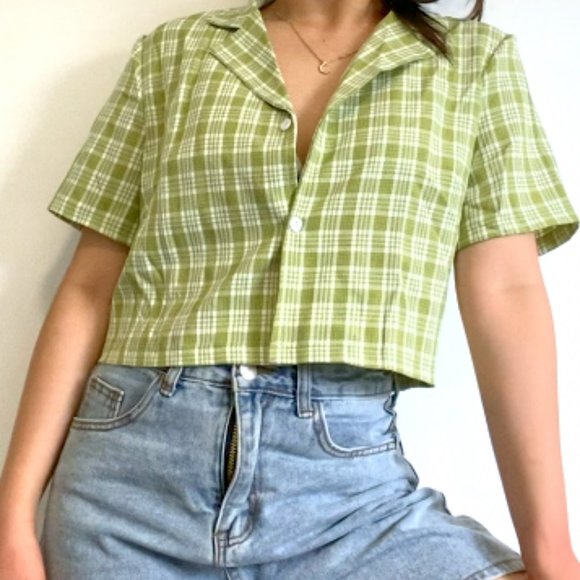 green plaid cropped buttoned-shirt - Picture 1 of 2